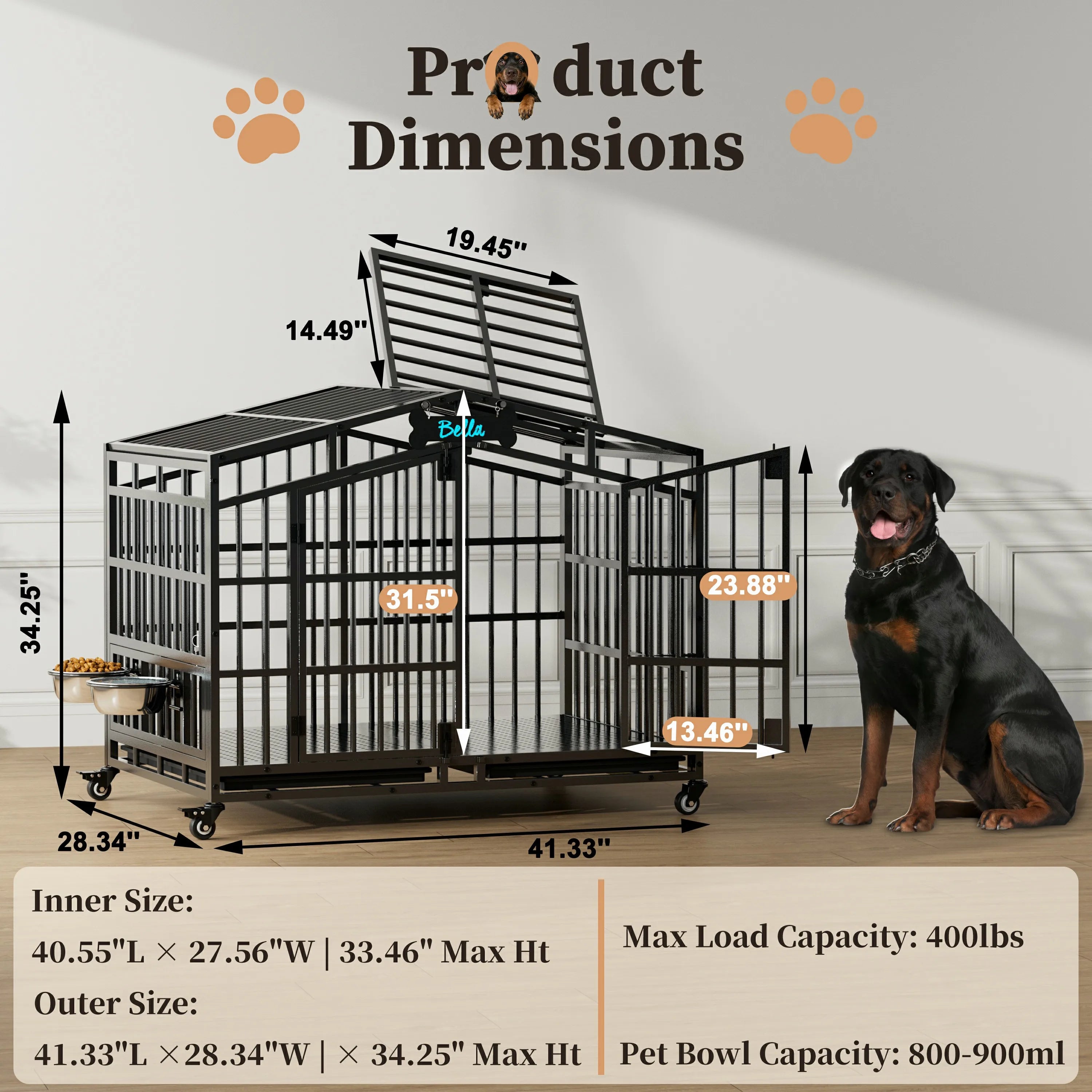 EasyCom 41"/48" Heavy Duty Dog Crate Extra Large Metal Dog Kennel w/ 2 Adjustable Bowls, Open Top & Lockable Wheels,for Big Dogs