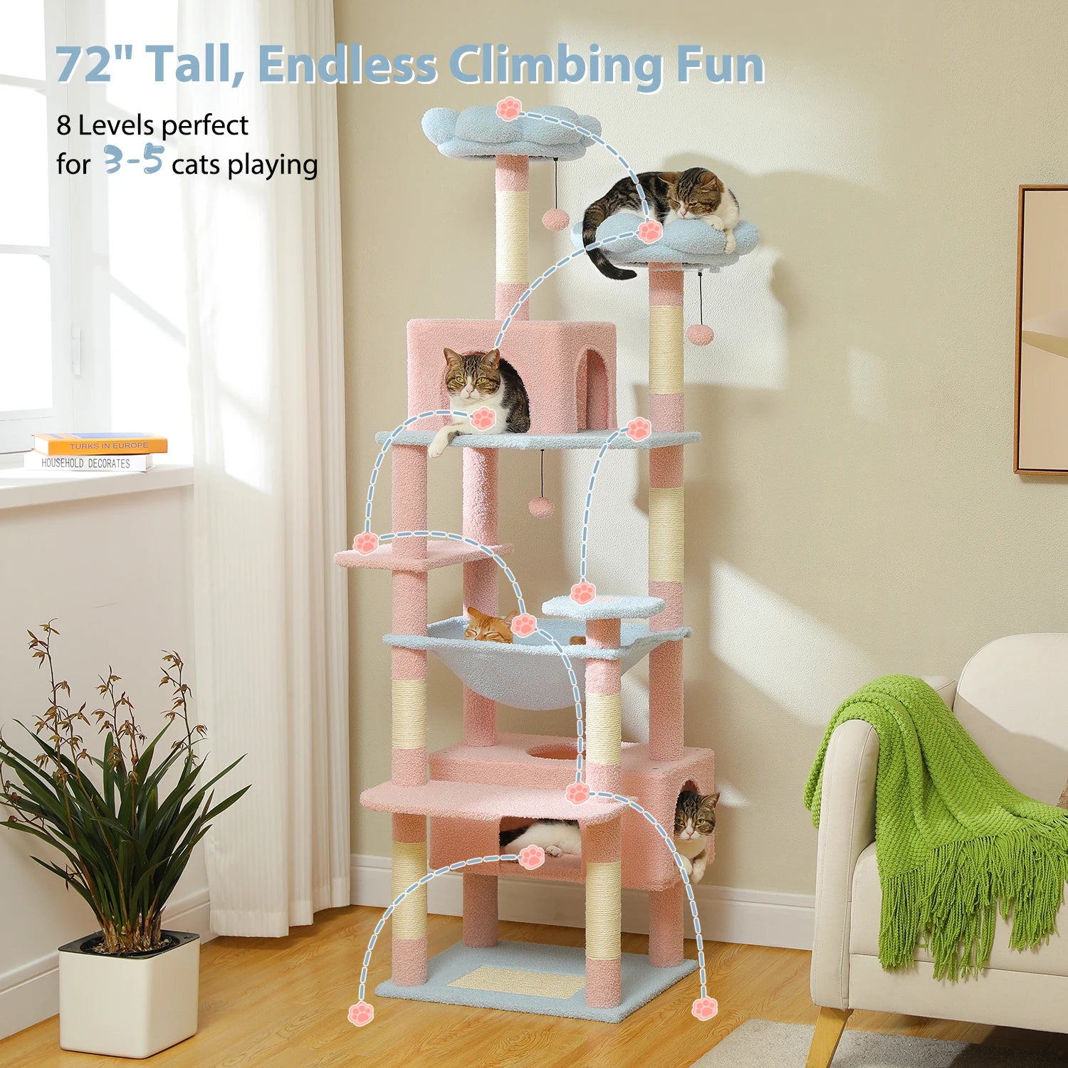 Multi-Level Cat Tree Tower with Scratching Posts&Board, Hammock, Cat Condo, Spacious Top Perch,Dangling Balls for Indoor Cats