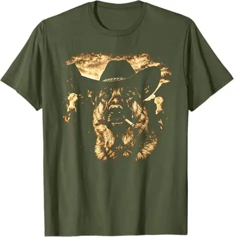 German Shepherd Western Graphic Cowboy Dog Smoking T-Shirt Ranch Farm Life Novelty Gift Men's Fashion Dog Dad Saying Tee Clothes