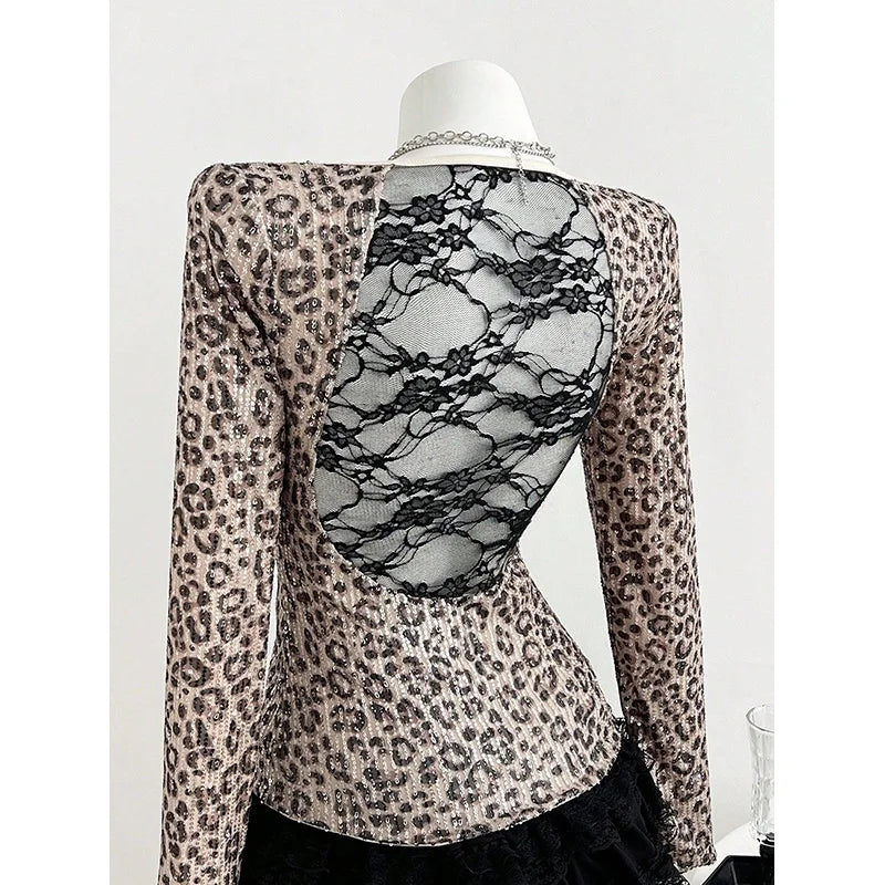 Benuynffy Leopard Print Scoop Neck Sequins T Shirt Women Spring Summer Fashion Long Sleeve Sexy Backless Lace Party Tops Tee