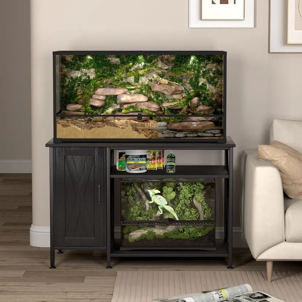 40-120 Gallon Black Reptile Tank Stand with Storage and Power Outlet, 48x24 Tabletop
