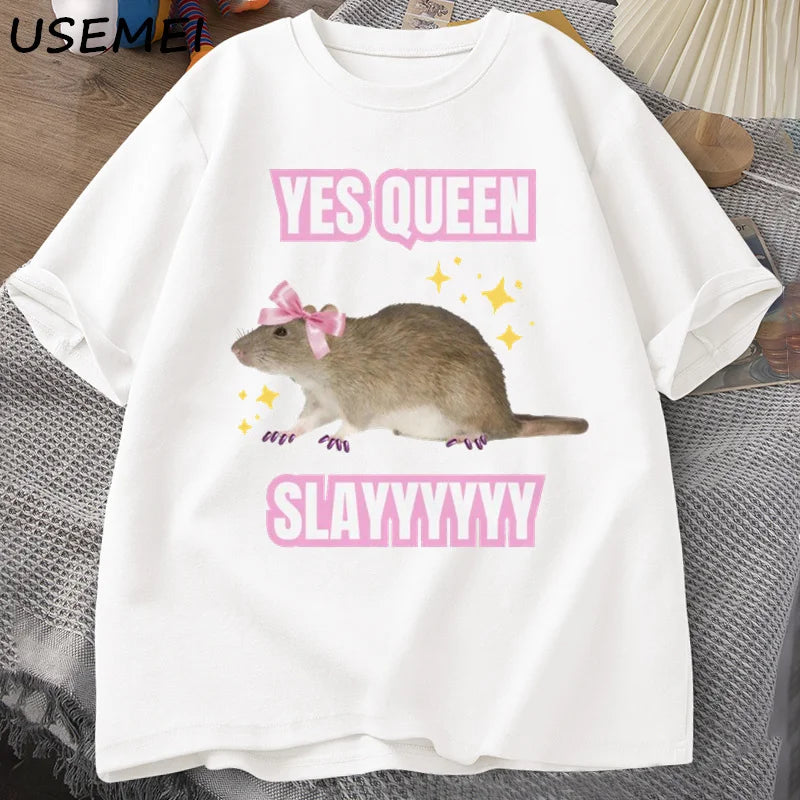 Yas Queen Slay T Shirt Humor Funny Cotton Short Sleeve Rat T-Shirt Men's Clothing Harajuku Retro Oversized Cotton T Shirt
