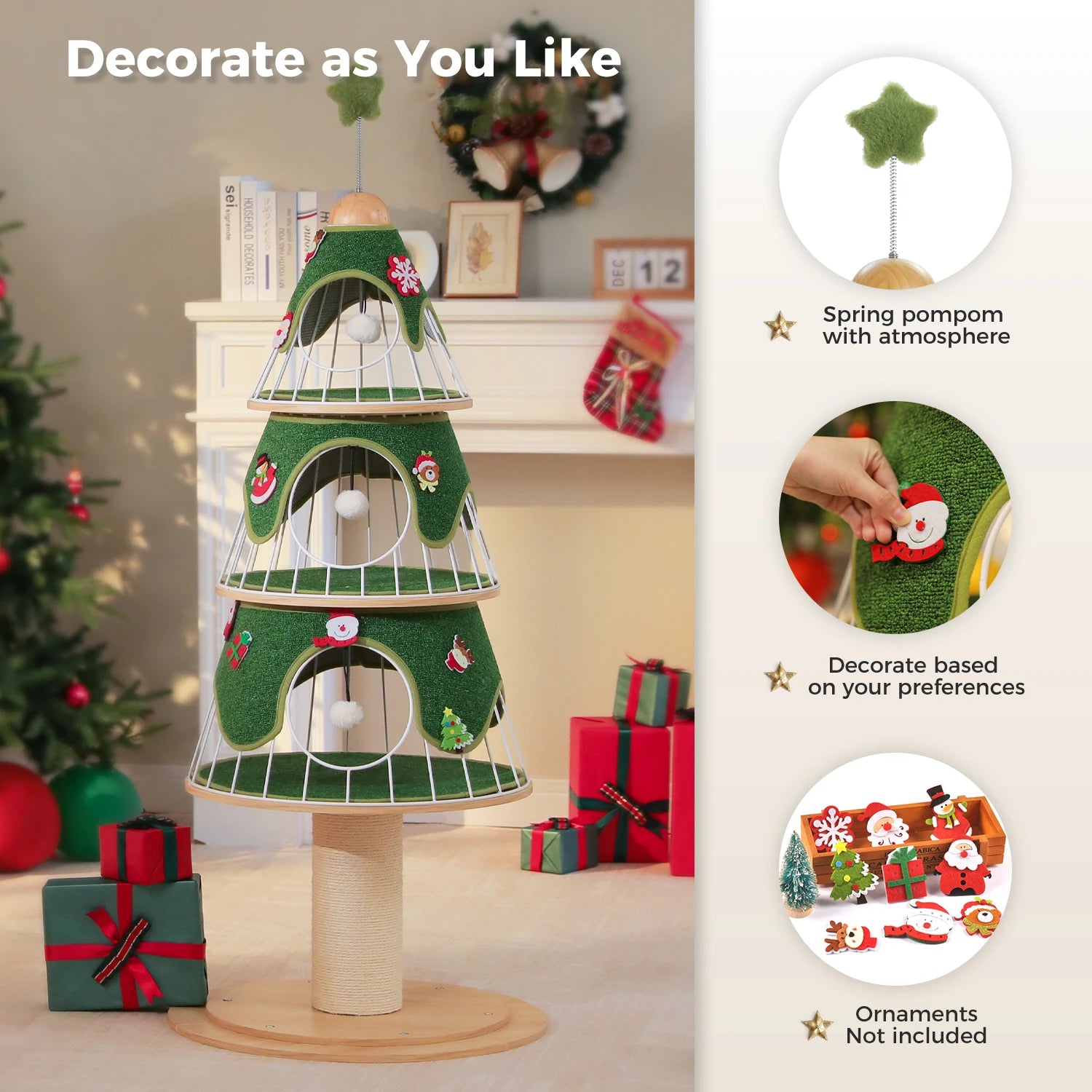 Christmas Cat Tree Tower with 3 Cozy Condos & Pompoms Multi-Level Cat House Bed for Indoor Cats Modern Cat Furniture Cat Toys