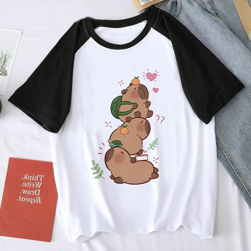 Cute Design Capybara Tshirt Women Girl T-Shirt Capibara Cartoons Clothes Capybaras T Shirt Casual Top Clothes