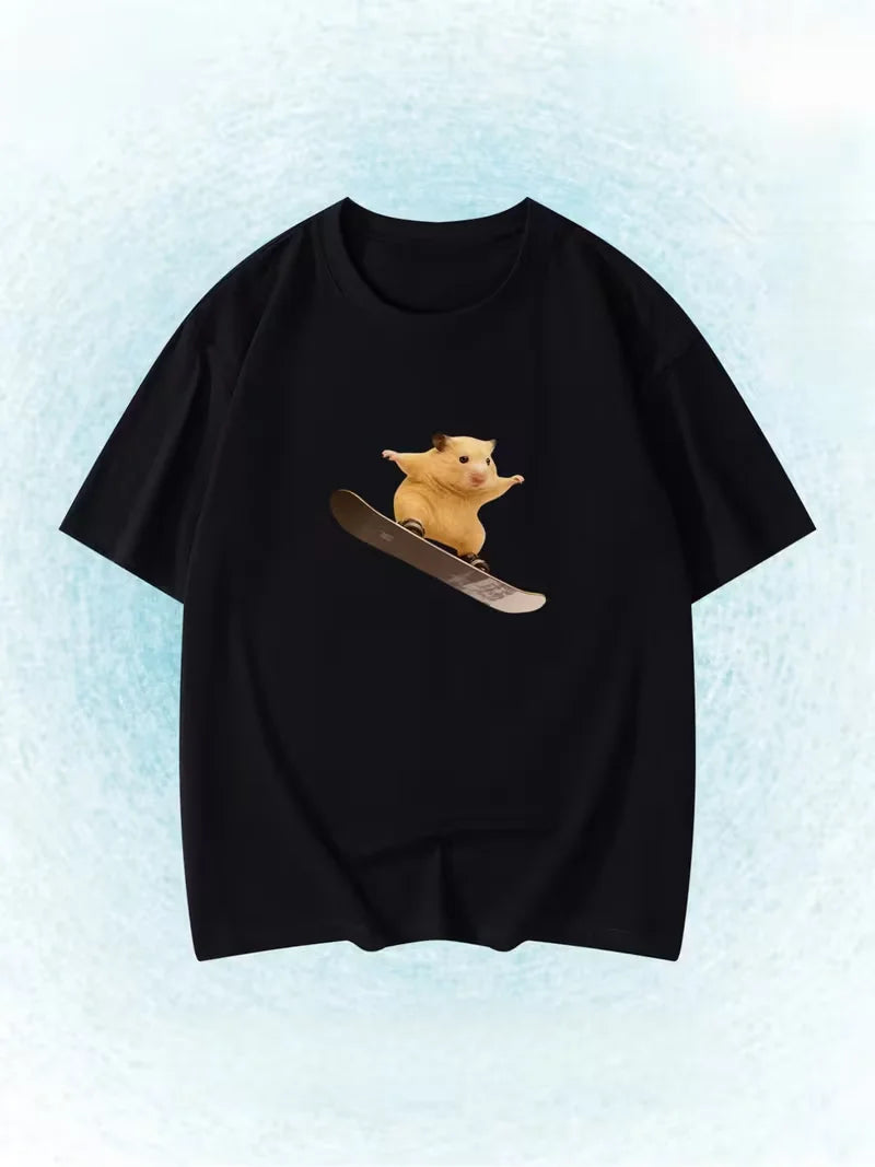 Funny Snowboarding Hamster Animal Print T-Shirt Cute Meme Loose Short Sleeve Unisex Casual Summer Top for Women Daily Y2k Tops