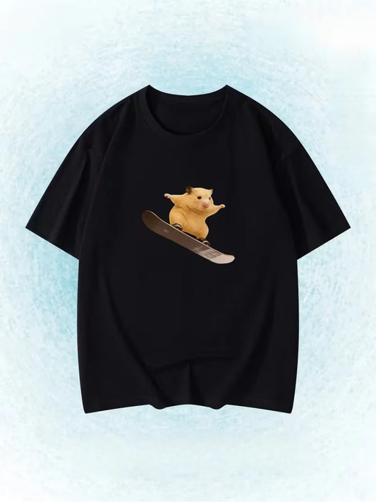 Funny Snowboarding Hamster Animal Print T-Shirt Cute Meme Loose Short Sleeve Unisex Casual Summer Top for Women Daily Y2k Tops