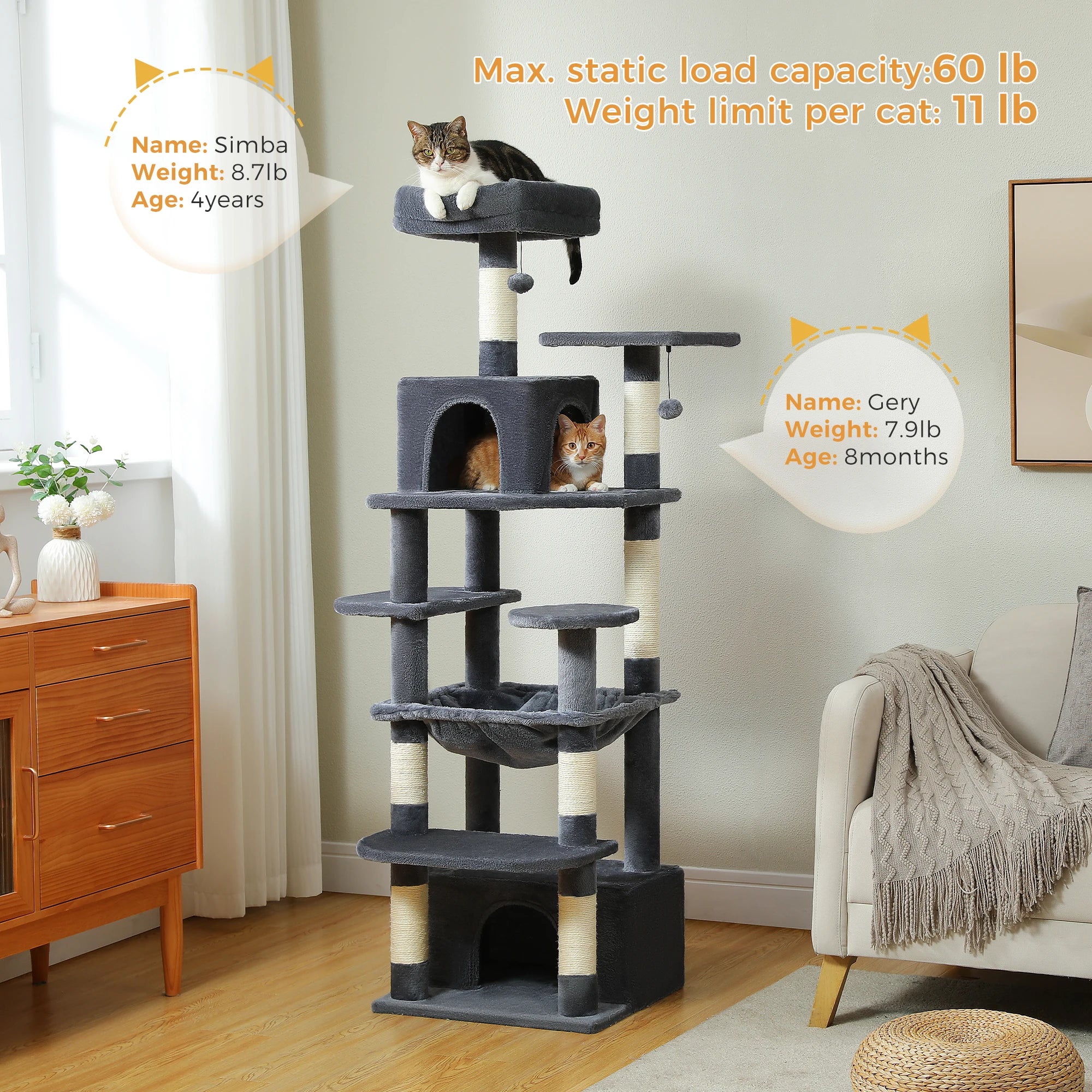 PAWZ Road 72" Large Cat Tree Tower with Hammock and Condo
