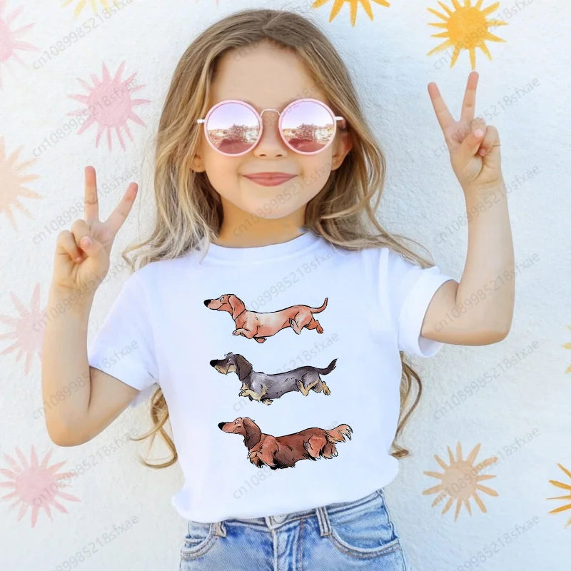 Dachshund Teckel Cute Dog Print Tee Funny T-shirts Baby Boy Girl Tshirt Kids Boys Top Child Summer Short Sleeve White Tops
