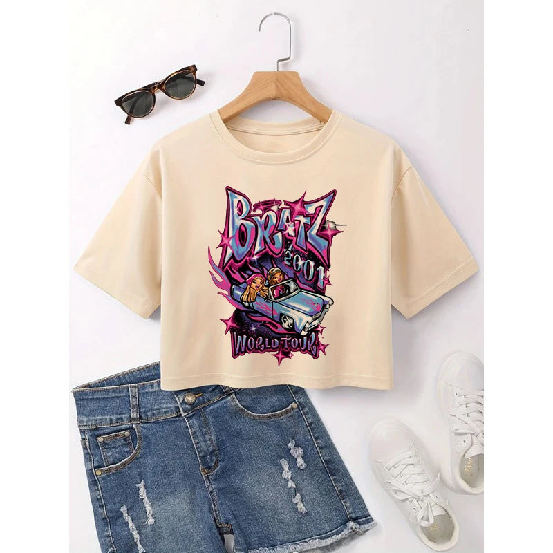 Kawaii Rat Ratz Mouse Cropped Print Crew Neck T-shirt Y2K Short Sleeve Tight Fit Crop Top Spring Summer Women's Clothing
