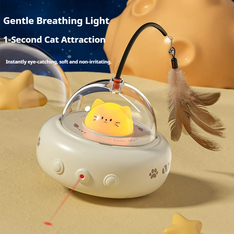 UFO 3-in-1 Automatic Interactive Cat Toy, Laser + Feather + Smart Obstacle Avoidance, USB Rechargeable