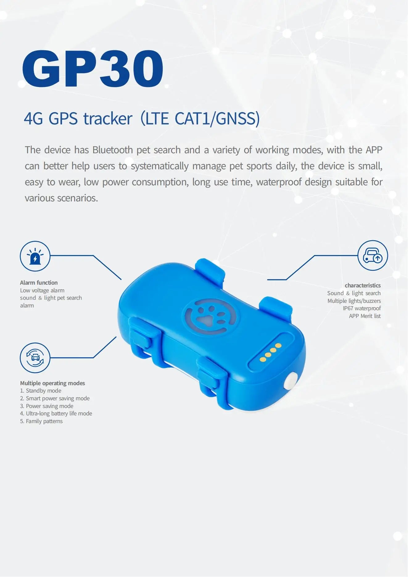 WanwayTech GP30 4G LTE Pet GPS Tracker - IP67 Waterproof