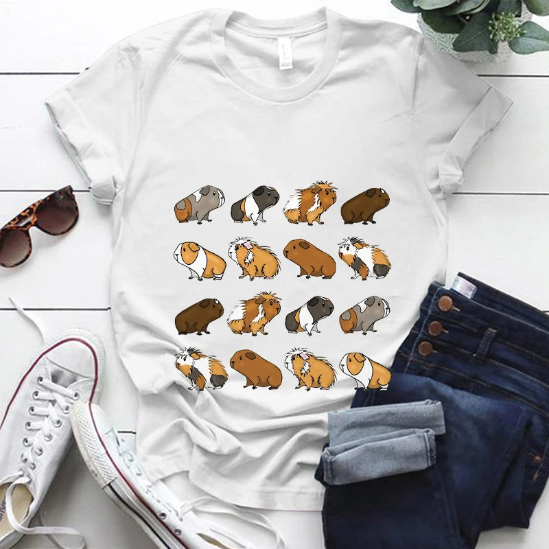 Kawaii Cartoon Guinea Pig Print T Shirt Women Fashion T Shirt Casual Tops 90s Girls Ladies Female Short Sleeve Cute Graphic Tees