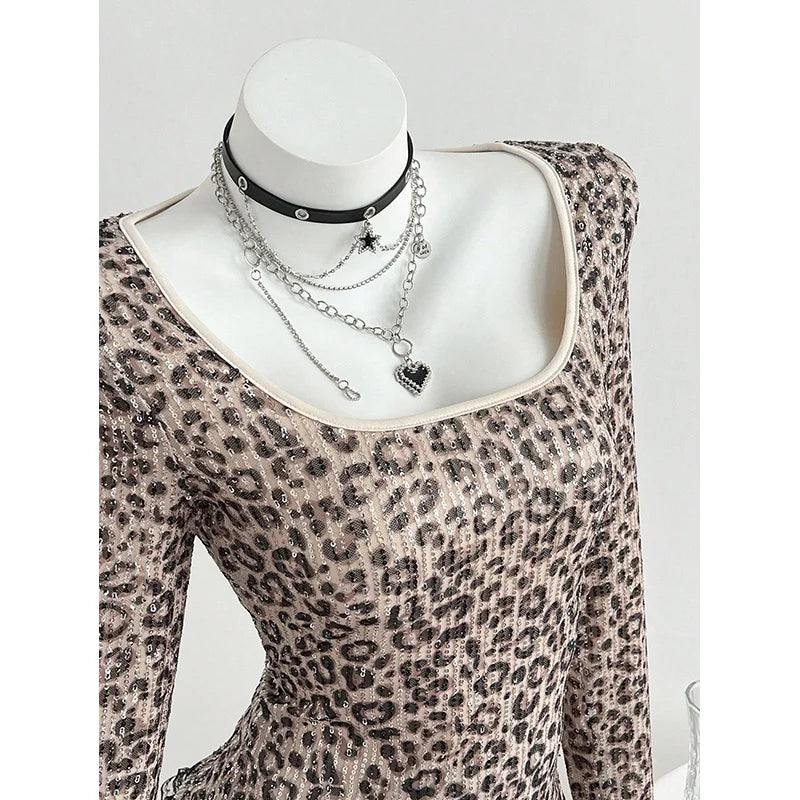 Benuynffy Leopard Print Scoop Neck Sequins T Shirt Women Spring Summer Fashion Long Sleeve Sexy Backless Lace Party Tops Tee