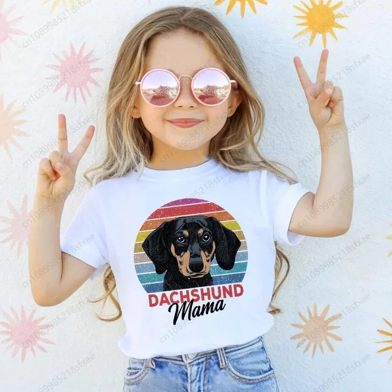 T-shirt with Dachshund Teckel dog print,fun t-shirts for babies,t-shirt for kids,white short-sleeve summer t-shirts for children