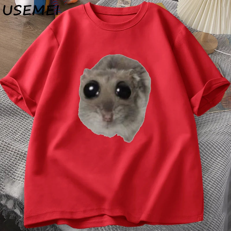 Sad Hamster T Shirt Funny Cute Cat Hamster Meme Trend T-shirt for Men Women Cotton T-shirt Summer Short Sleeve Unisex Tee
