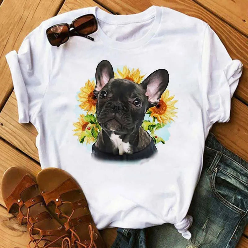 Cute French Bulldog T-shirt Animal Harajuku Print Pattern Shirt Fun French Bulldog Short Sleeves Animal Lover Tshirt Dog Mom Tee