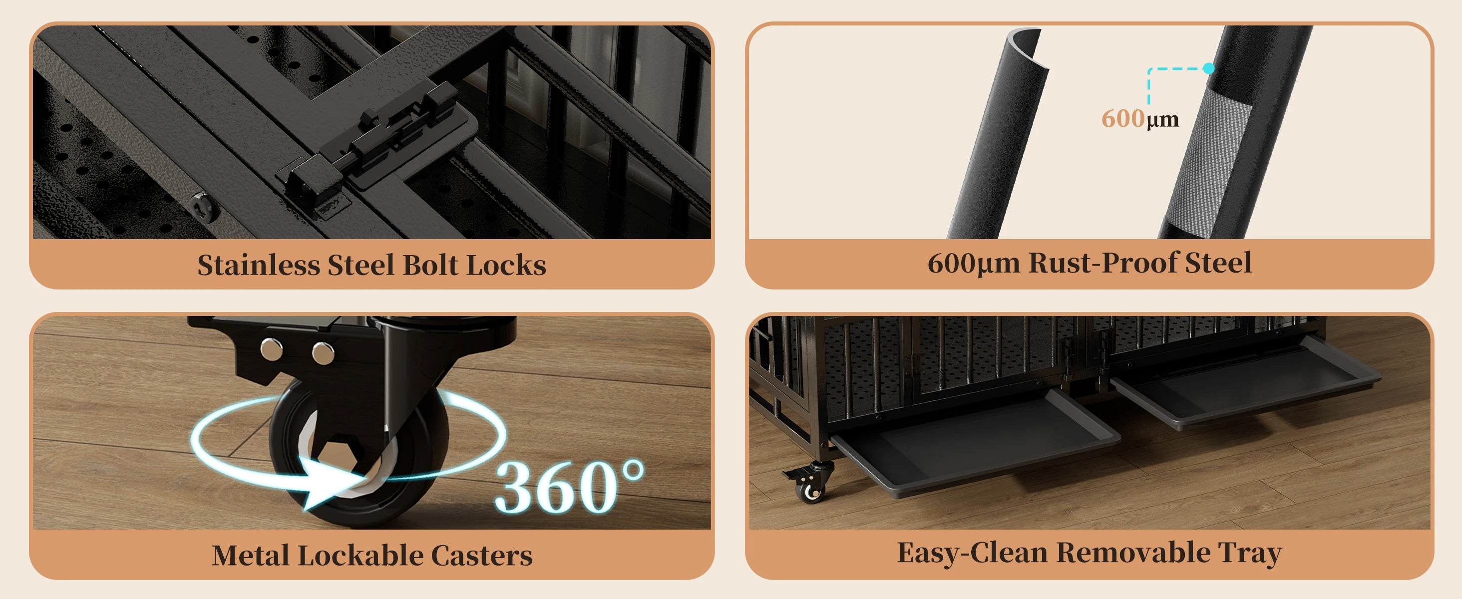 EasyCom 41"/48" Heavy Duty Dog Crate Extra Large Metal Dog Kennel w/ 2 Adjustable Bowls, Open Top & Lockable Wheels,for Big Dogs