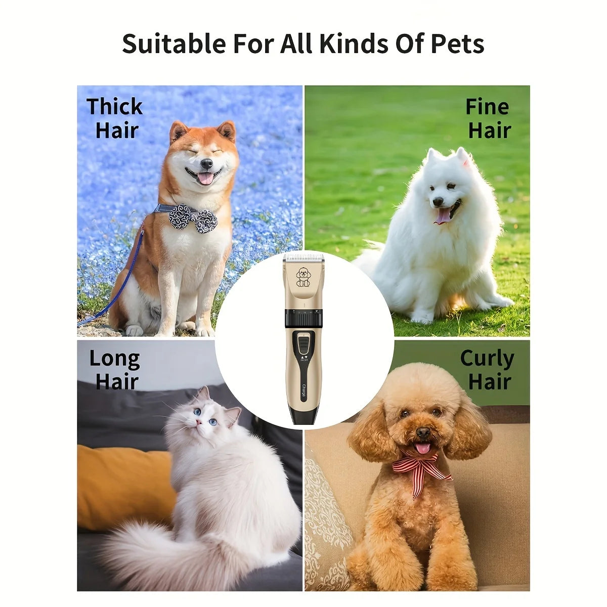 Low-noise professional USB rechargeable pet grooming tool set, equipped with thickened ceramic blades and 4 different blade head