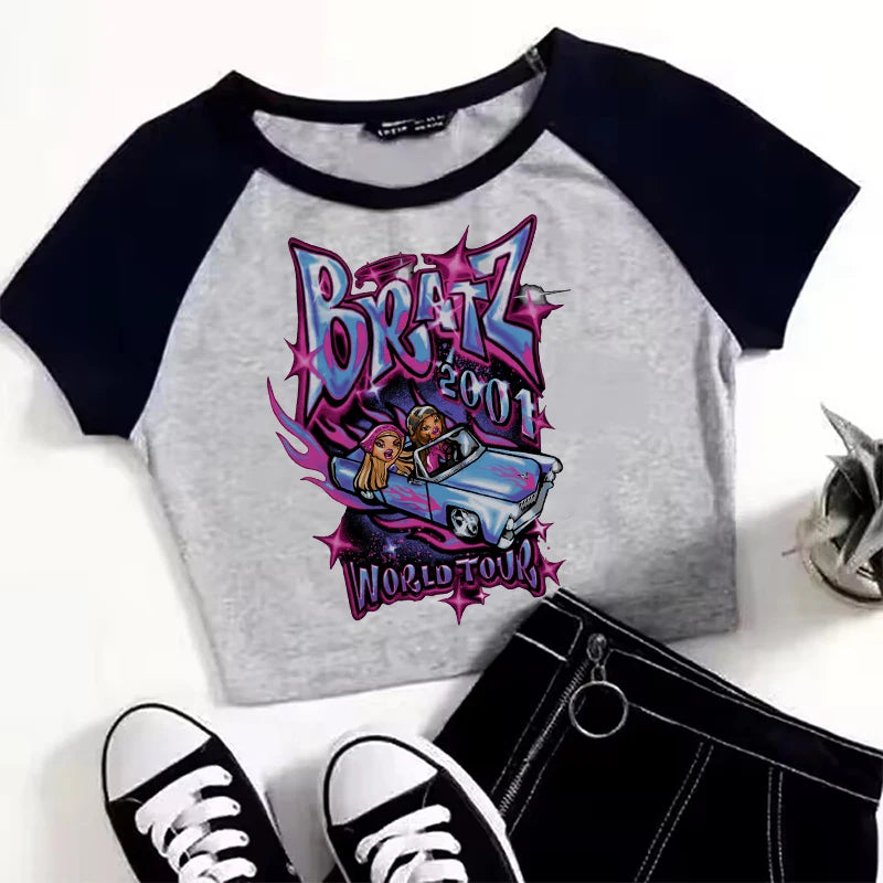 Kawaii Rat Ratz Mouse Cropped Print Crew Neck T-shirt Y2K Short Sleeve Tight Fit Crop Top Spring Summer Women's Clothing