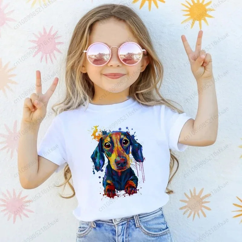 T-shirt with Dachshund Teckel dog print,fun t-shirts for babies,t-shirt for kids,white short-sleeve summer t-shirts for children