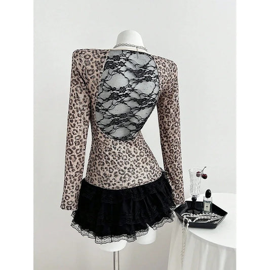 Benuynffy Leopard Print Scoop Neck Sequins T Shirt Women Spring Summer Fashion Long Sleeve Sexy Backless Lace Party Tops Tee