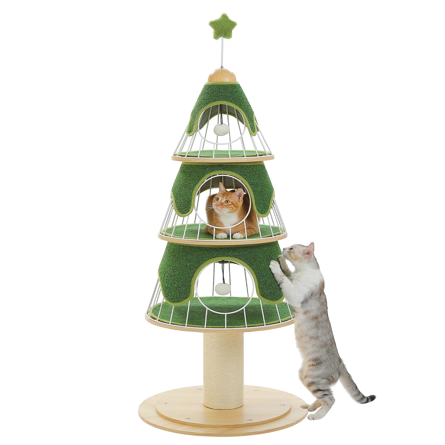 Christmas Cat Tree Tower with 3 Cozy Condos & Pompoms Multi-Level Cat House Bed for Indoor Cats Modern Cat Furniture Cat Toys