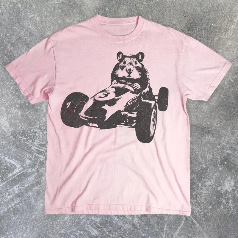 Funny Hamster Racing Y2K Retro Pattern T-shirt, Unisex Silly Hamster Aesthetic Shirt, 90s Retro Animal T-shirt, Humorous Gift
