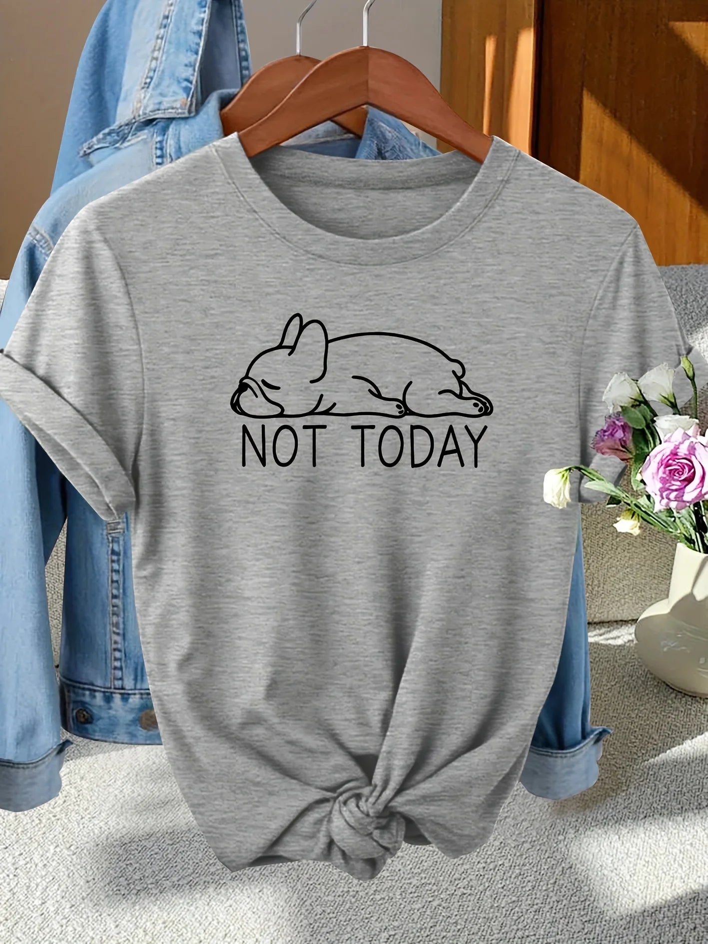 Not Today French Bulldog Women's Tee - Lazy Dog Graphic, Casual Gray Top