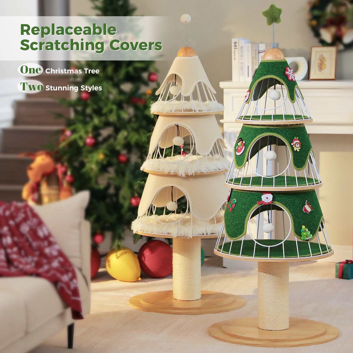 Christmas Cat Tree Tower with 3 Cozy Condos & Pompoms Multi-Level Cat House Bed for Indoor Cats Modern Cat Furniture Cat Toys