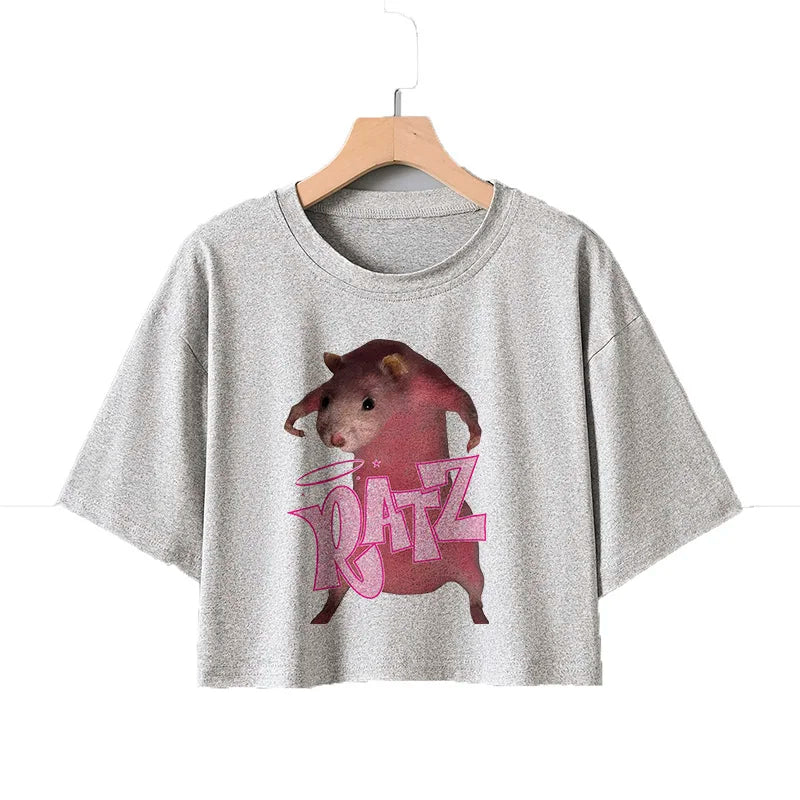Kawaii Rat Ratz Mouse Cropped Print Crew Neck T-shirt Y2K Short Sleeve Tight Fit Crop Top Spring Summer Women's Clothing