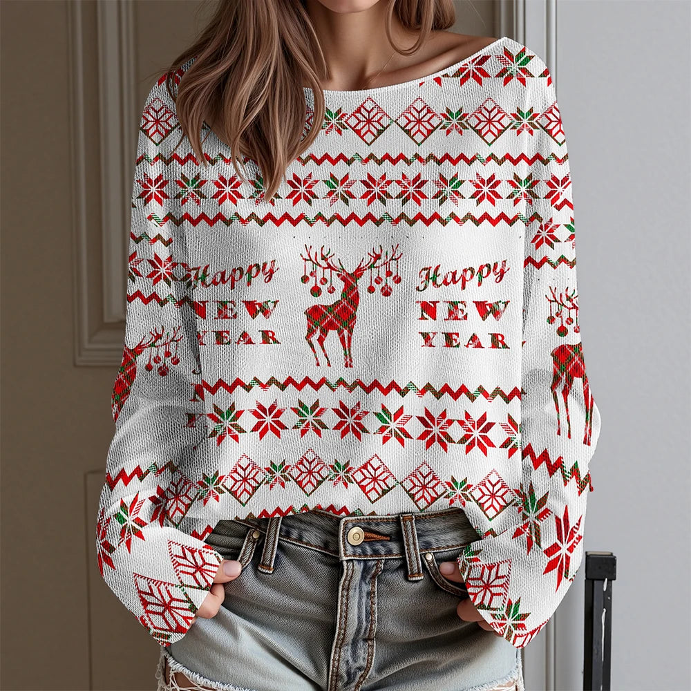 Dachshund Ugly Christmas Party T-Shirt Women's Sexy Off-Shoulder Long Sleeve Top Funny Xmas Dog Print Holiday Blouse Plus Size