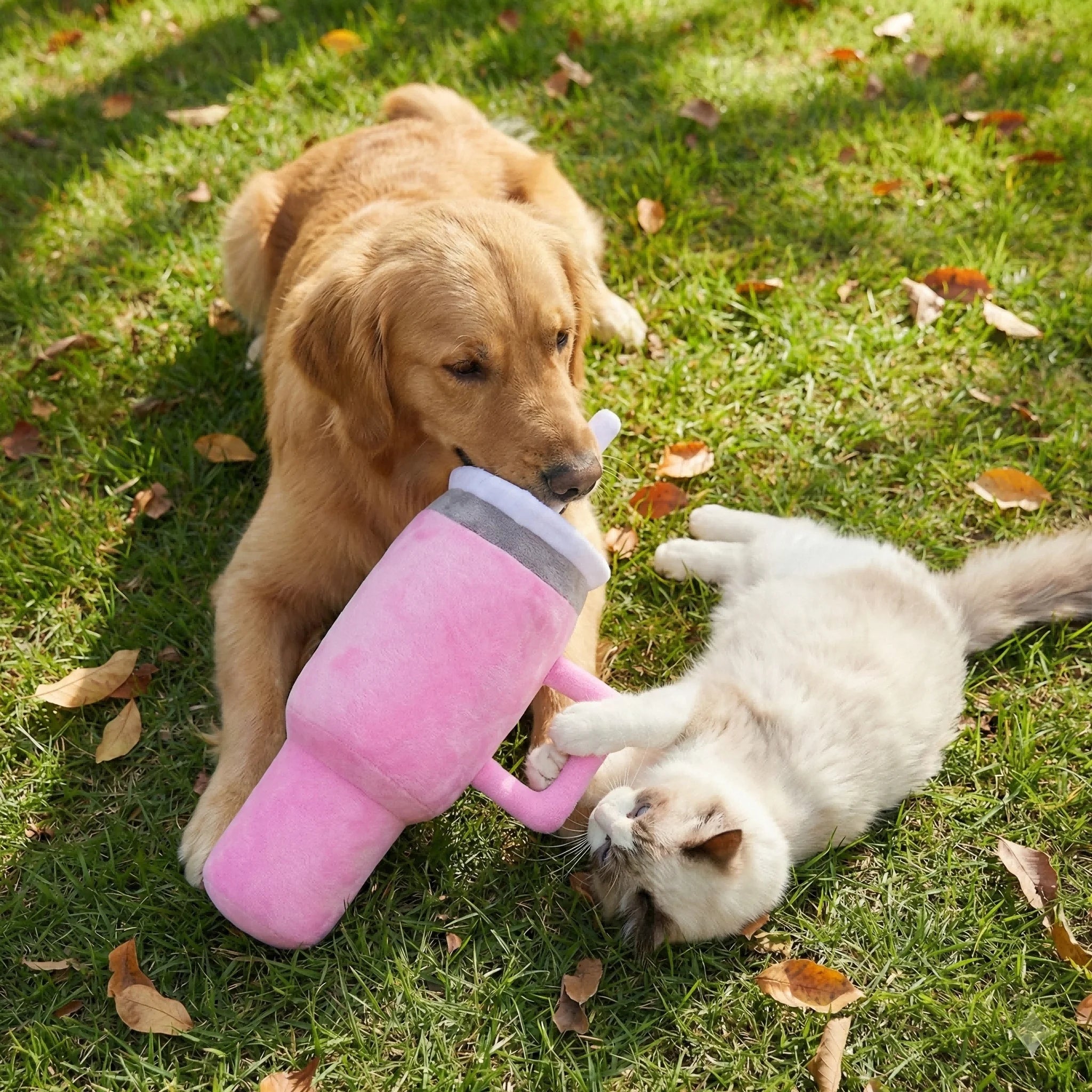 Pet Companion Pink Giant Tumbler Cup Plush Toy Squeaky Tear Resistant Chew Toy for Dogs and Cats