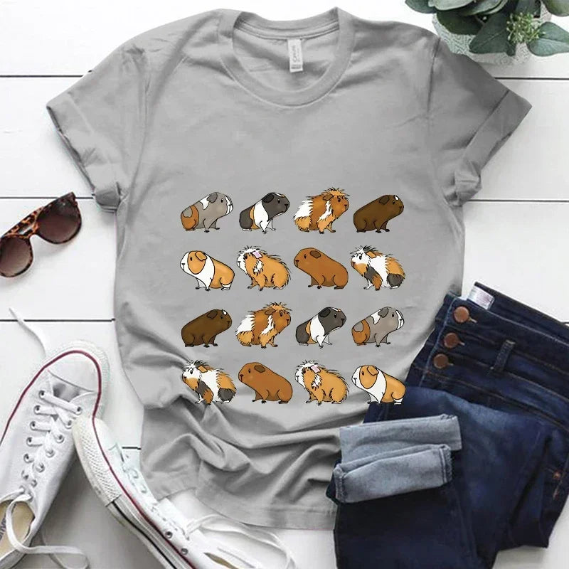 Kawaii Cartoon Guinea Pig Print T Shirt Women Fashion T Shirt Casual Tops 90s Girls Ladies Female Short Sleeve Cute Graphic Tees