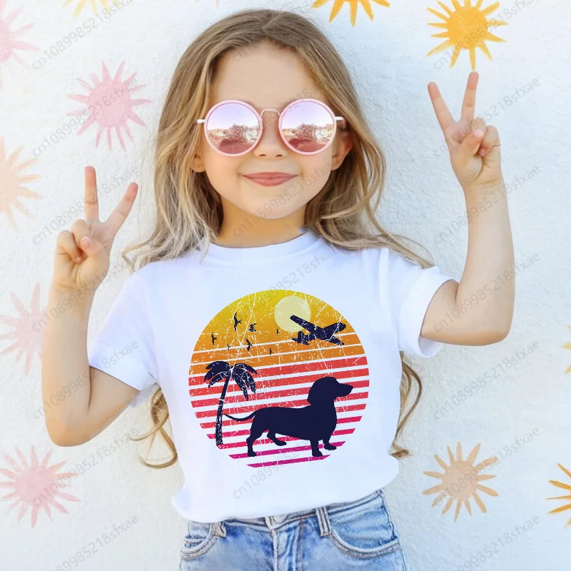Dachshund Teckel Cute Dog Print Tee Funny T-shirts Baby Boy Girl Tshirt Kids Boys Top Child Summer Short Sleeve White Tops