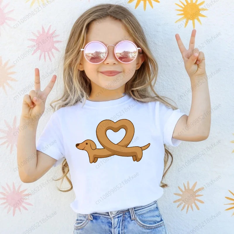 Dachshund Teckel Cute Dog Print Tee Funny T-shirts Baby Boy Girl Tshirt Kids Boys Top Child Summer Short Sleeve White Tops