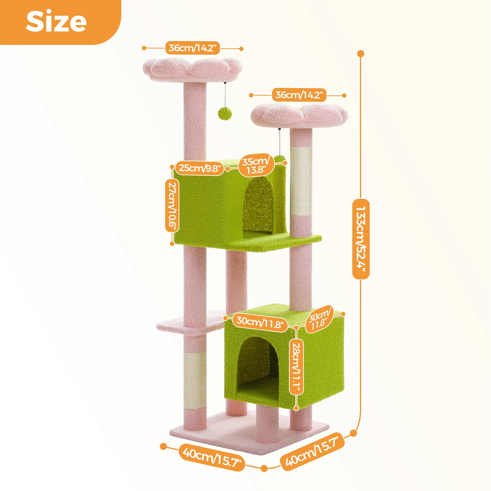 Cactus Cat Tree, 133cm Cat Tower for Indoor Cats, Cute Cat Tree with 2 Padded Perches, 2 Condos & 2 Scratching Posts