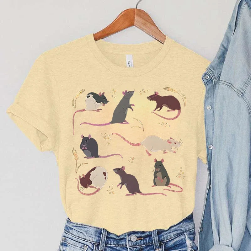 Rat T-Shirts Women Harajuku Animal Tops Summer Casual Fashion TShirts Vintage Paddy Print Women's Clothing Rat Female T-Shirts