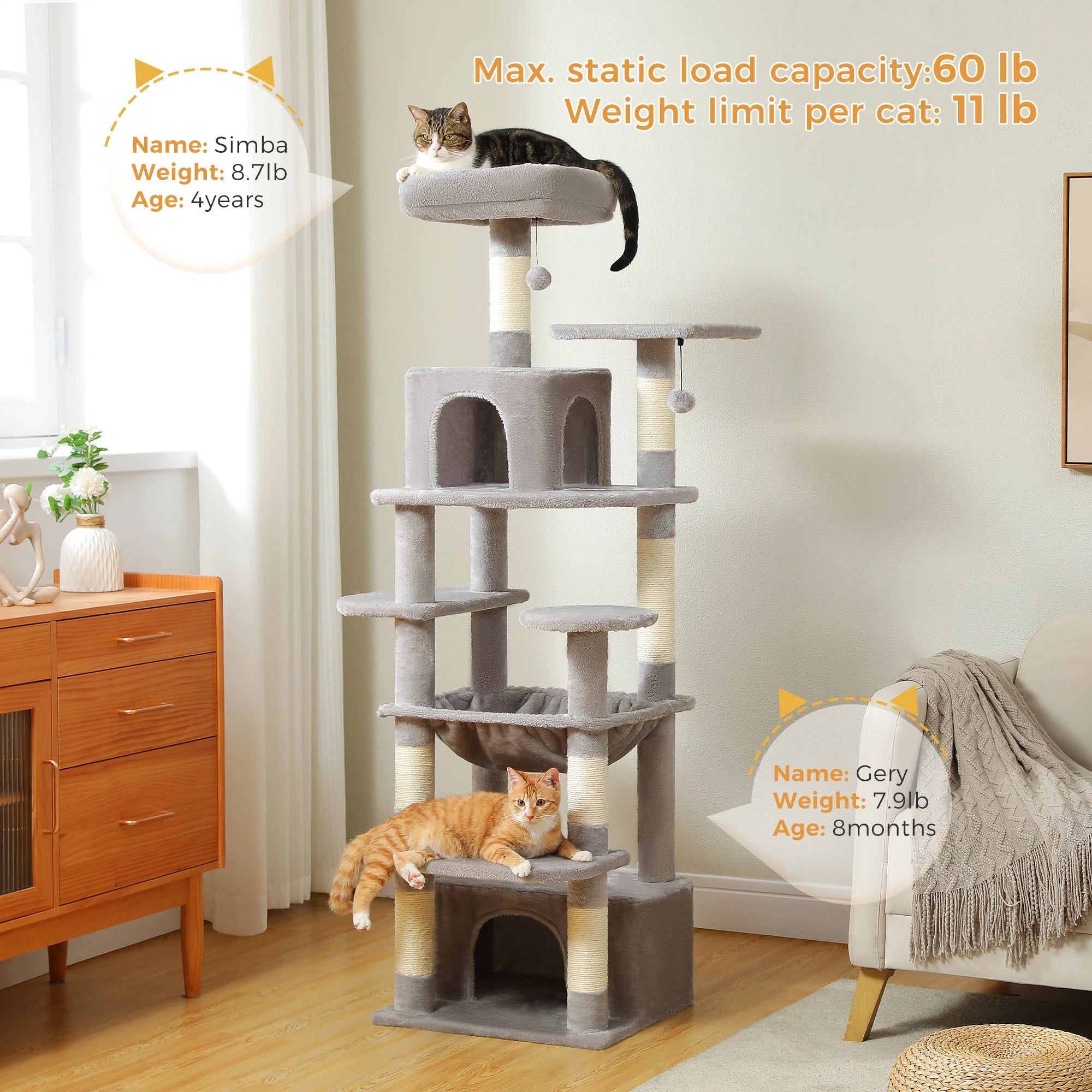 PAWZ Road 72" Large Cat Tree Tower with Hammock and Condo