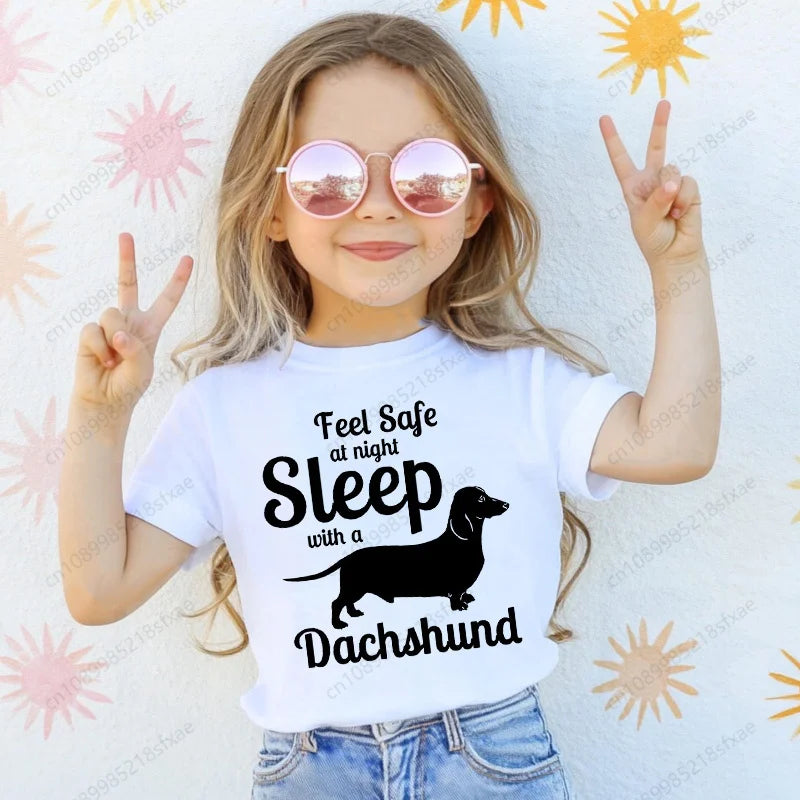 Dachshund Teckel Cute Dog Print Tee Funny T-shirts Baby Boy Girl Tshirt Kids Boys Top Child Summer Short Sleeve White Tops