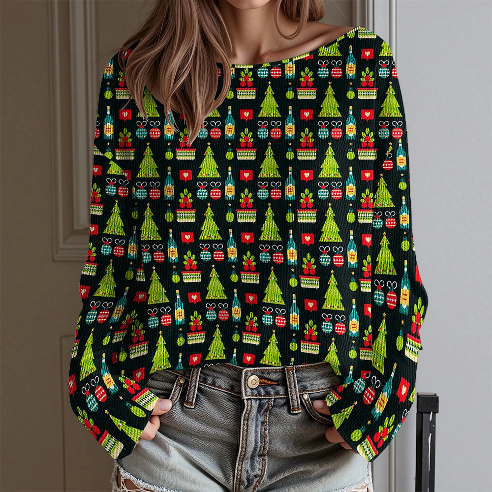 Dachshund Ugly Christmas Party T-Shirt Women's Sexy Off-Shoulder Long Sleeve Top Funny Xmas Dog Print Holiday Blouse Plus Size