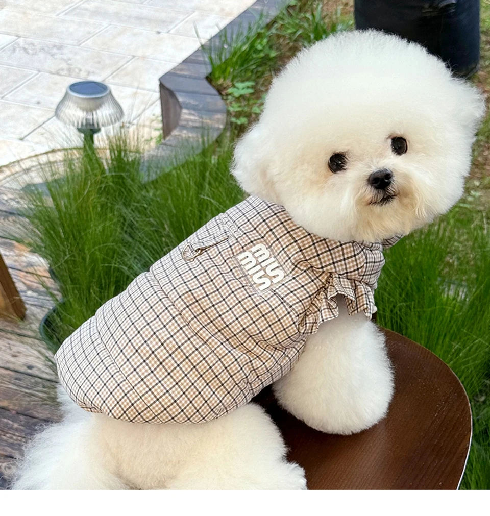Blue Checkered Dog Clothes Teddy Winter Thickened Cotton Coat Yorkshire Warm-Weather Outerwear with Traction Buckle