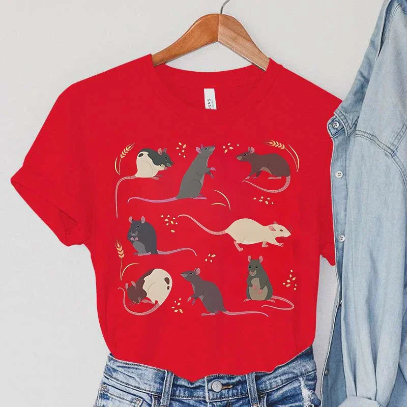 Rat T-Shirts Women Harajuku Animal Tops Summer Casual Fashion TShirts Vintage Paddy Print Women's Clothing Rat Female T-Shirts