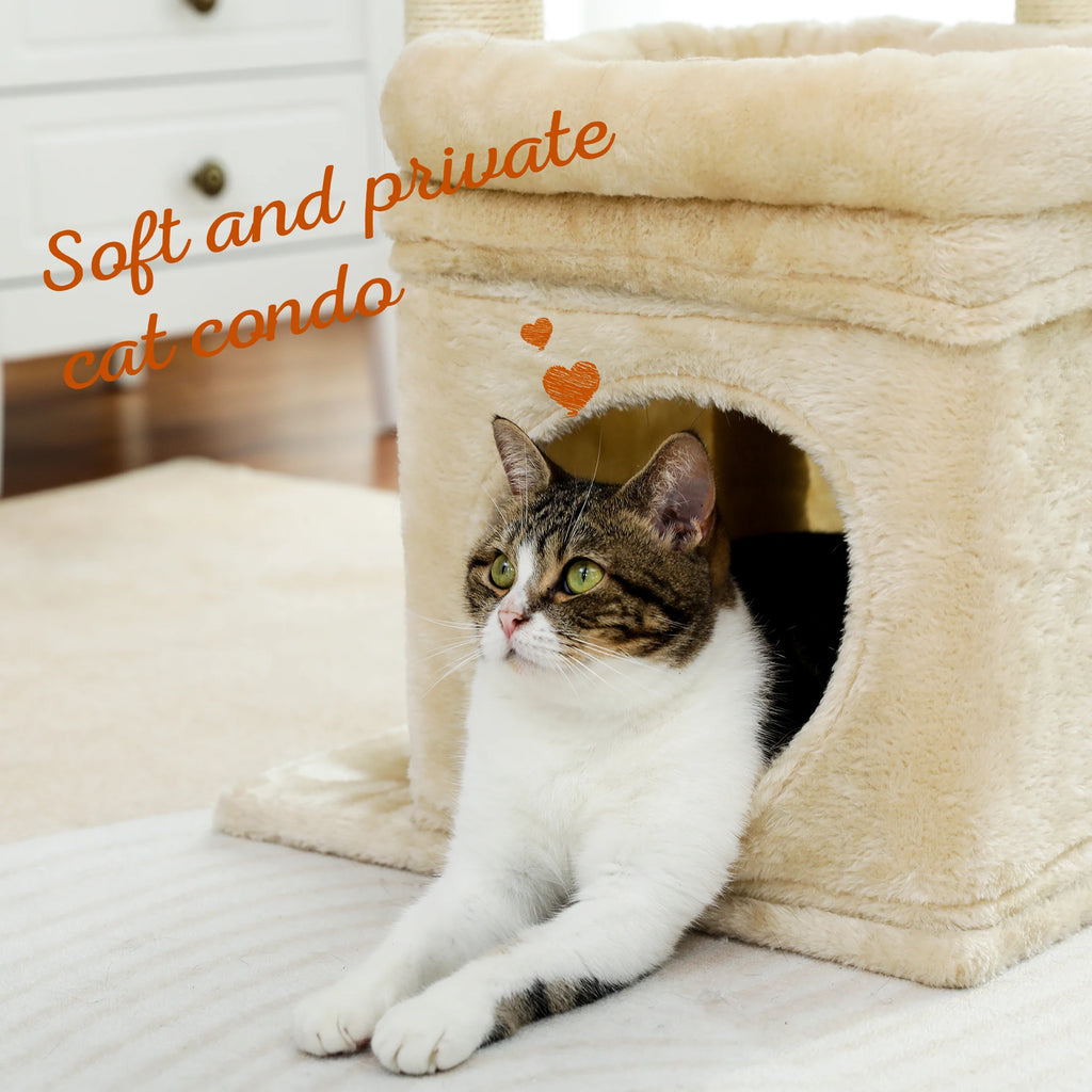 Cat Tree Cat Tower with Cozy Condo, Wide Top Perch,Natural Sisal Posts, Soft Plush,Playful Pom-Pom Suitable for 1-2 Indoor Cats