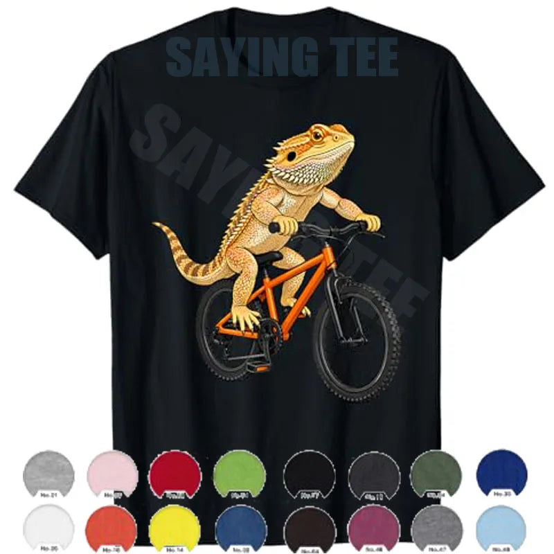 Funny Bearded Dragon on A Bicycle Cycling T-Shirt Boys Fashion Aesthetic Clothes Y2k Lizards and Pogona Cute Streetwear Tee Gift