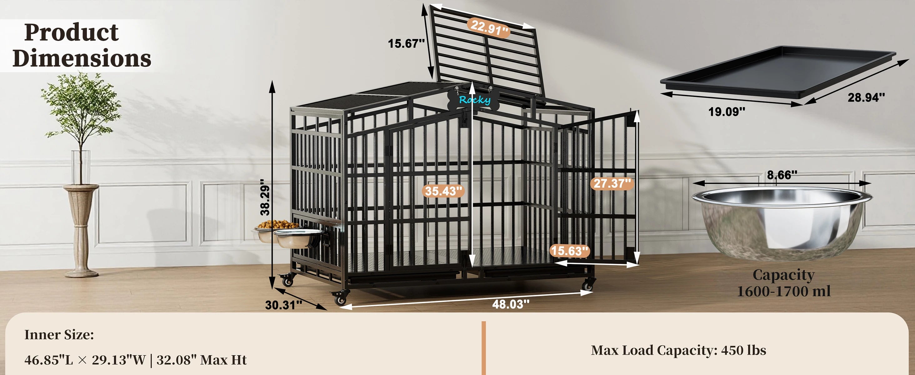 EasyCom 41"/48" Heavy Duty Dog Crate Extra Large Metal Dog Kennel w/ 2 Adjustable Bowls, Open Top & Lockable Wheels,for Big Dogs