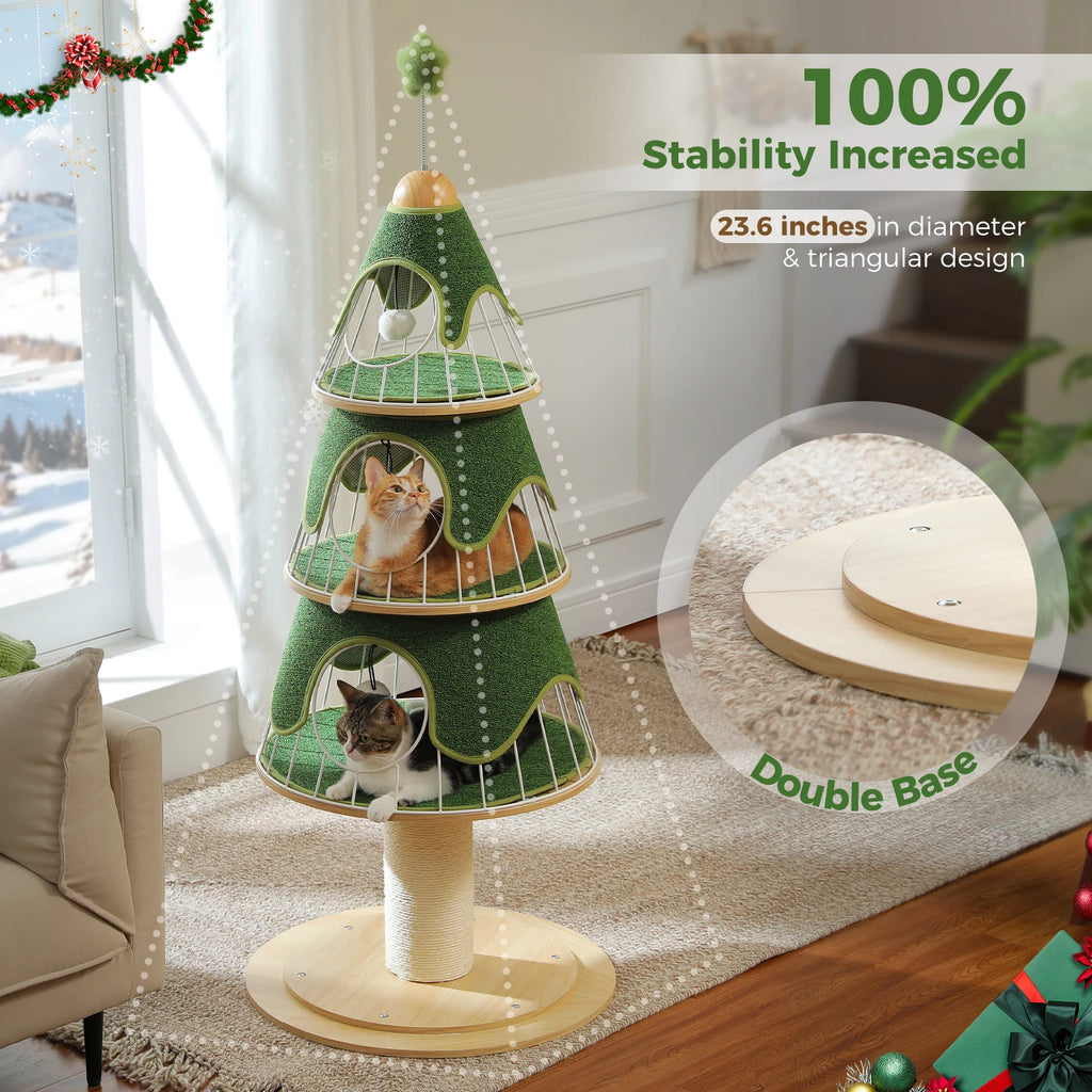 Christmas Cat Tree Tower with 3 Cozy Condos & Pompoms Multi-Level Cat House Bed for Indoor Cats Modern Cat Furniture Cat Toys