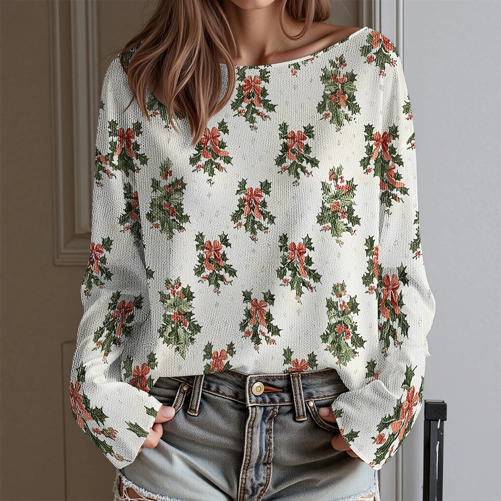 Dachshund Ugly Christmas Party T-Shirt Women's Sexy Off-Shoulder Long Sleeve Top Funny Xmas Dog Print Holiday Blouse Plus Size