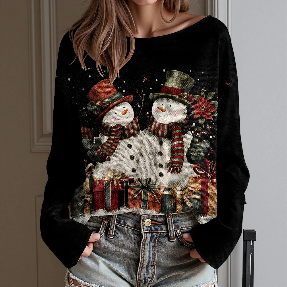 Dachshund Ugly Christmas Party T-Shirt Women's Sexy Off-Shoulder Long Sleeve Top Funny Xmas Dog Print Holiday Blouse Plus Size