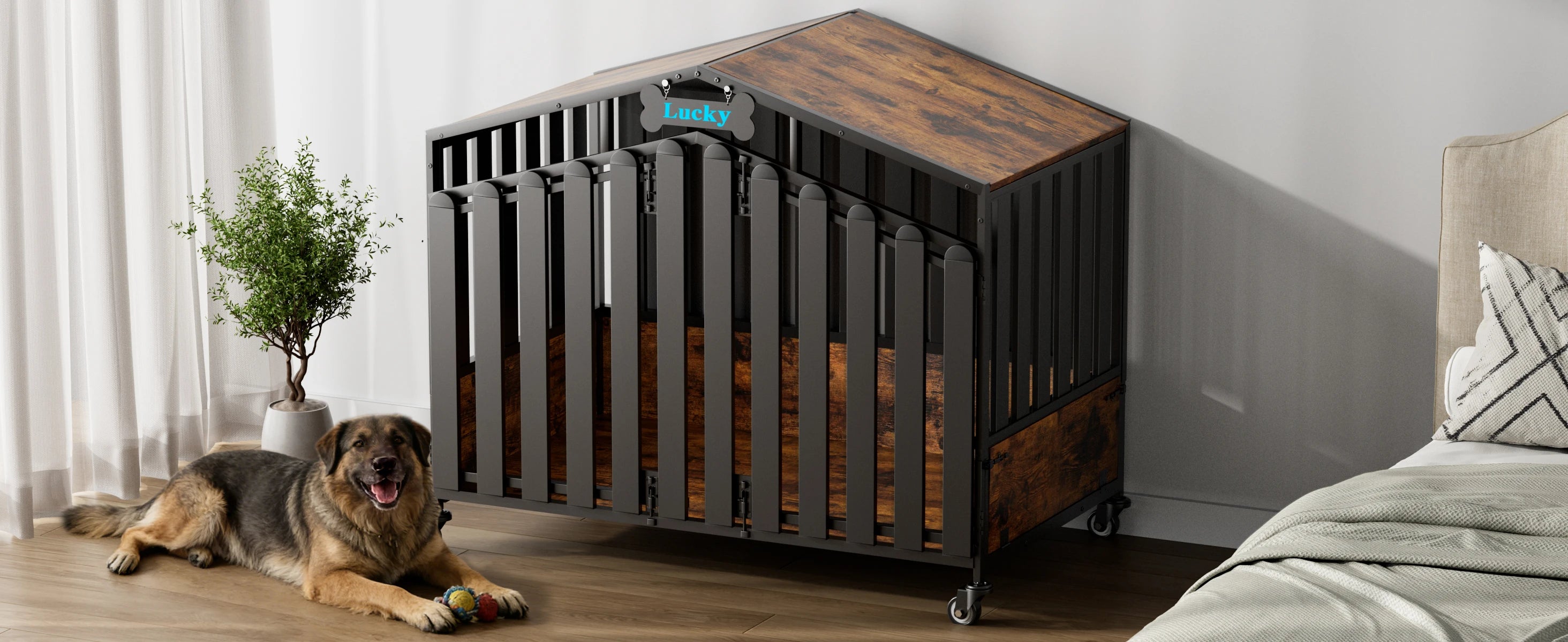 31"/41"/48“ XL Heavy Duty Dog Crate Furniture with Wheels, Dog Crates for Large Dogs Extra-Wide Thick Steel Plates for Chew Res