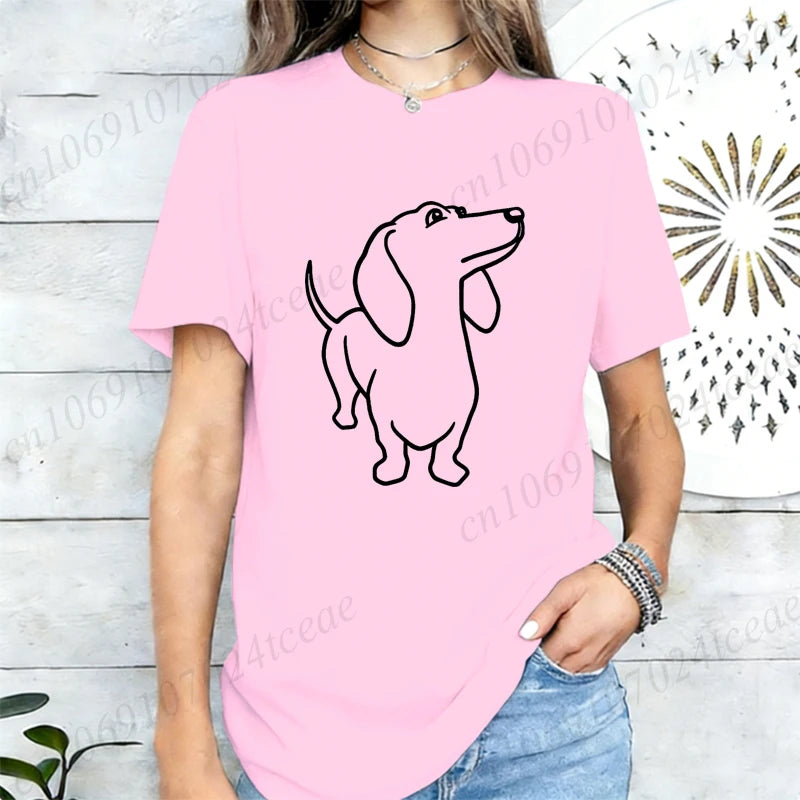 Dachshund Dog Graphic Print Women T Shirt Casual Summer Short Sleeve O Neck Loose Tees Ladies Cute Pet Animal Streetwear Tops